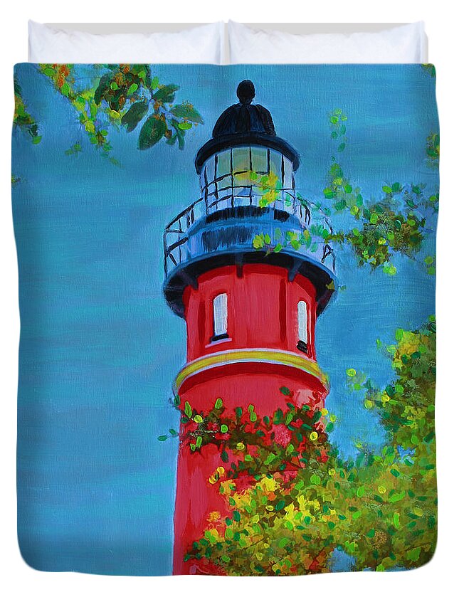Lighthouse Duvet Cover featuring the painting Top Of The House by Deborah Boyd