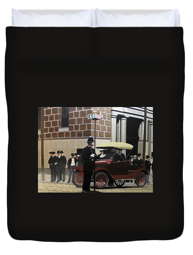 Streetscapes Duvet Cover featuring the painting Toronto Traffic Cop 1912 by Kenneth M Kirsch