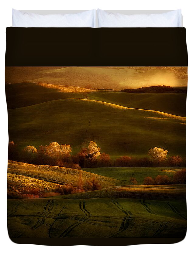 Toskany Duvet Cover featuring the photograph Golden fields of val d'Orcia by Jaroslaw Blaminsky