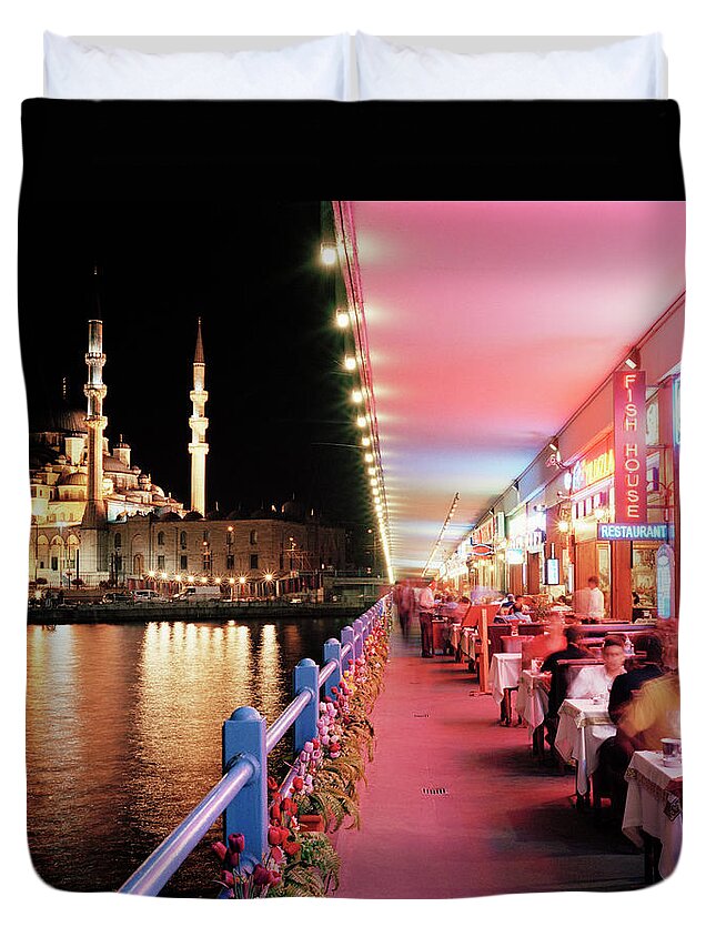 Istanbul Duvet Cover featuring the photograph Tourists Dining Along Galata Bridge At by Gary Yeowell