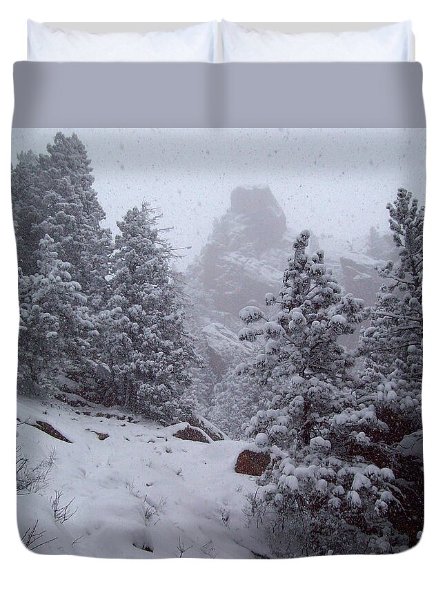 Bear Peak Mountain Duvet Cover featuring the photograph Towards Top of Bear Peak Mountain During Intense Snow Storm - North Side by Daniel Larsen