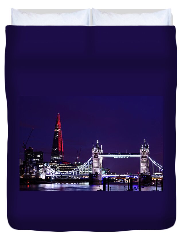 Gothic Style Duvet Cover featuring the photograph Tower Bridge And The Shard At Night by Dynasoar