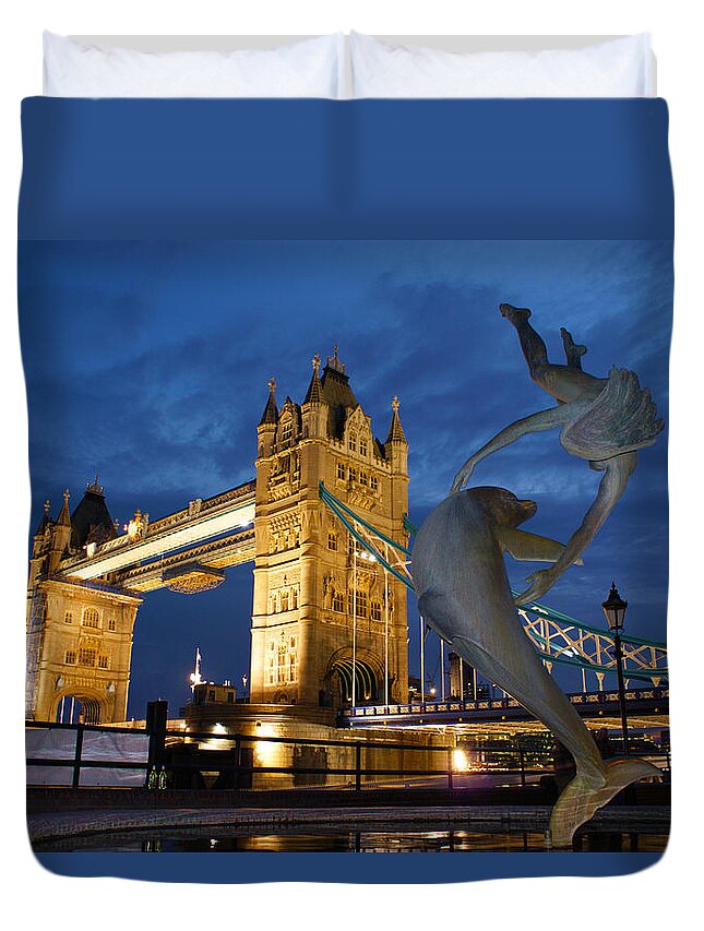 London Duvet Cover featuring the photograph Tower Bridge the dolphin and the girl by Andy Beattie