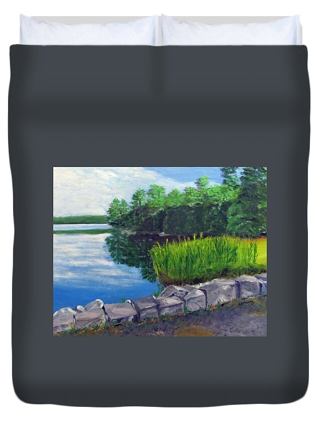 Landscape Duvet Cover featuring the painting Tower Hill Pond by Linda Feinberg