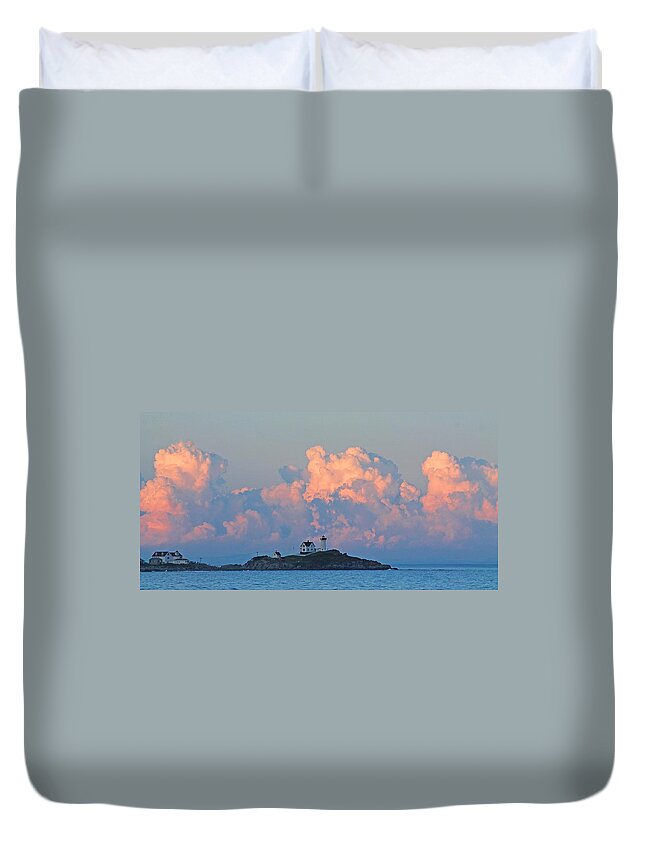 Maine Duvet Cover featuring the photograph Towering Clouds over Nubble Lighthouse York Maine by Michael Saunders