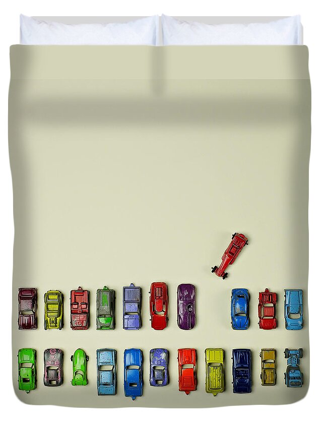 In A Row Duvet Cover featuring the digital art Toy Cars by Juj Winn