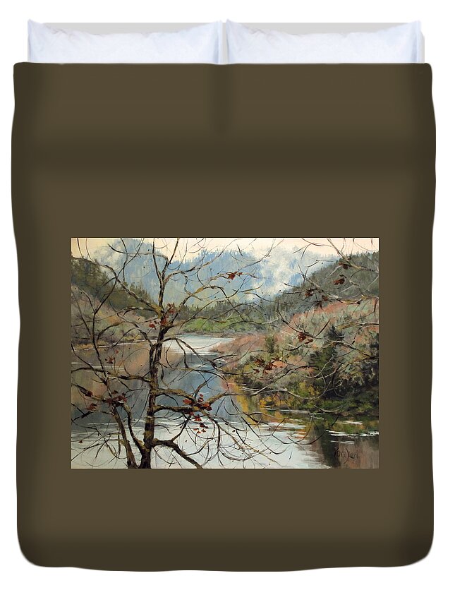 Landscape Duvet Cover featuring the painting Traces of Autumn by Karen Ilari