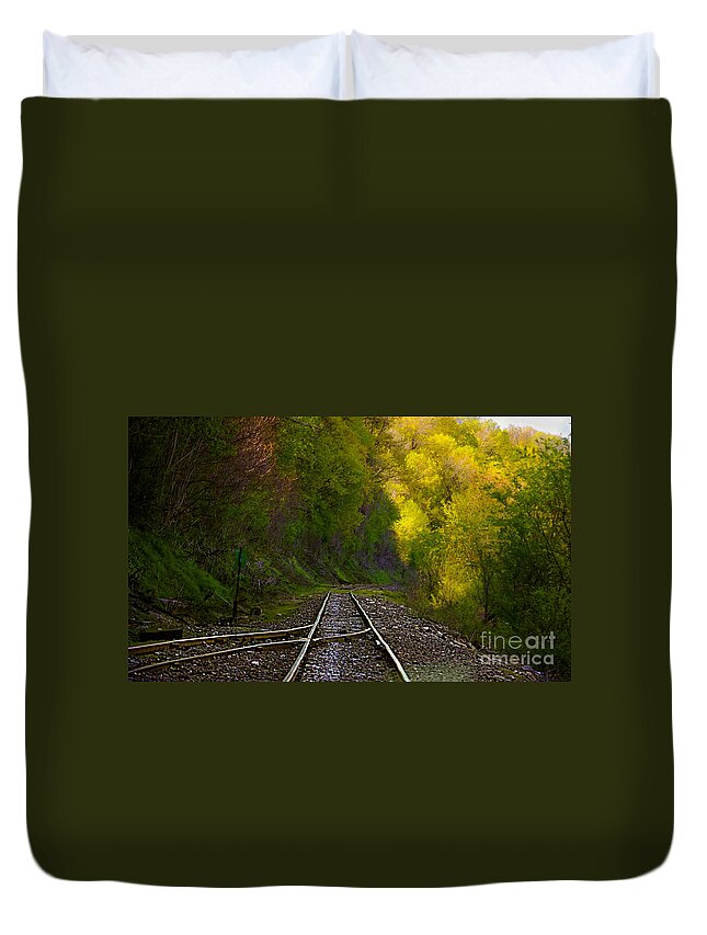 Railroad Tracks Landscape Duvet Cover featuring the photograph Track Through The Hillside by Peggy Franz