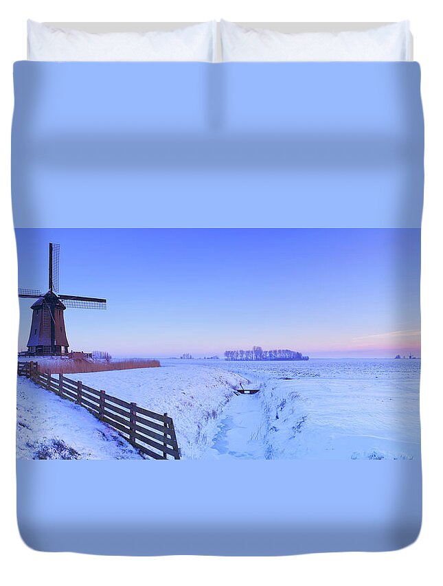 North Holland Duvet Cover featuring the photograph Traditional Dutch Windmills In Winter by Sara winter