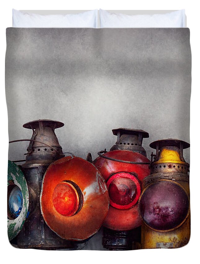 Lantern Duvet Cover featuring the photograph Train - A collection of Rail Road lanterns by Mike Savad