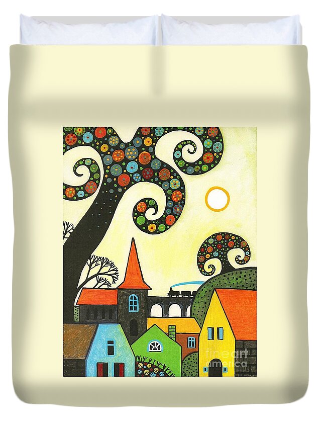 Abstract Duvet Cover featuring the painting Train Through Town by Margaryta Yermolayeva