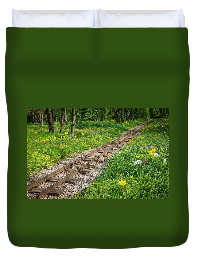 Railroad Duvet Cover featuring the photograph Train Tracks Through Mystic Flower Forest by Andreas Berthold