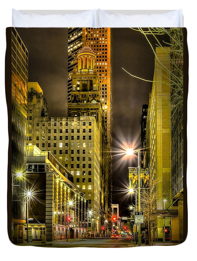 Travis And Lamar Street At Night Duvet Cover featuring the photograph Travis and Lamar Street at Night by David Morefield