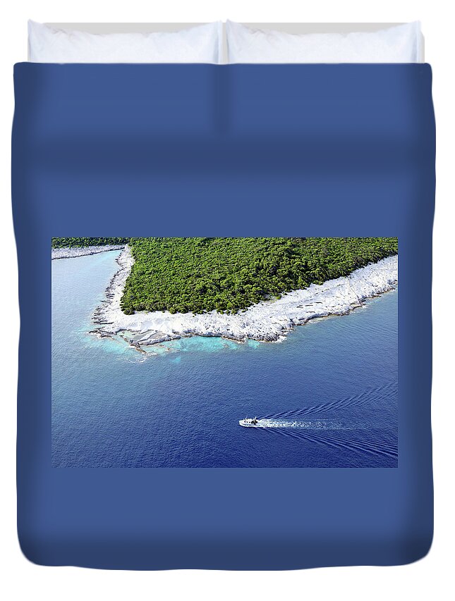 Water's Edge Duvet Cover featuring the photograph Trawler Sailing Near The Island Of by Vuk8691