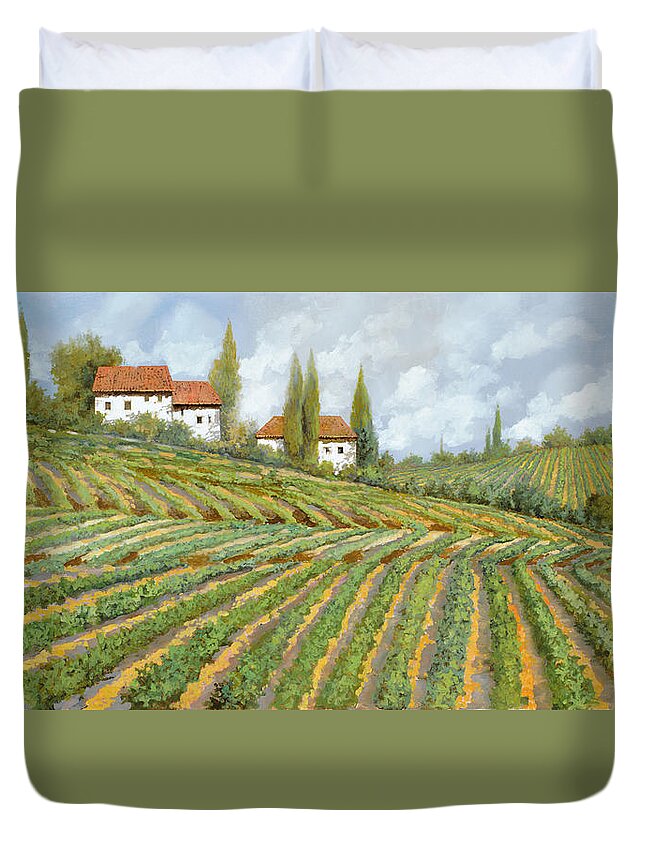 Vineyard Duvet Cover featuring the painting Tre Case Bianche Nella Vigna by Guido Borelli