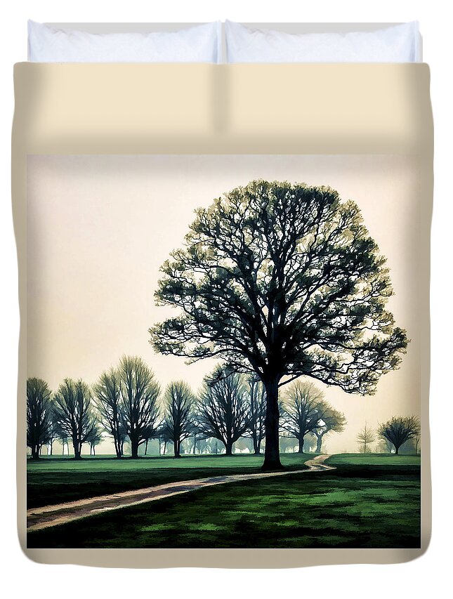 Altrincham Duvet Cover featuring the photograph Tree at dawn on golf course by Neil Alexander Photography