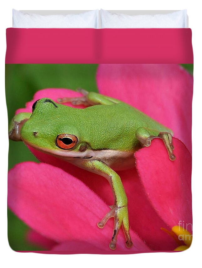 Frog Duvet Cover featuring the photograph Tree Frog On A Pink Flower by Kathy Baccari