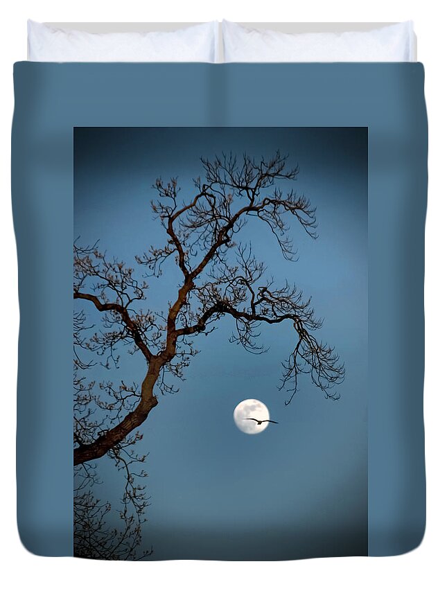 Gull Duvet Cover featuring the photograph Tree Moon Gull by Jerry Gammon