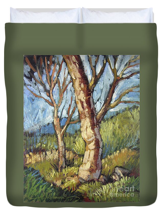 Tree Duvet Cover featuring the painting Trees in Spring by Randy Wollenmann