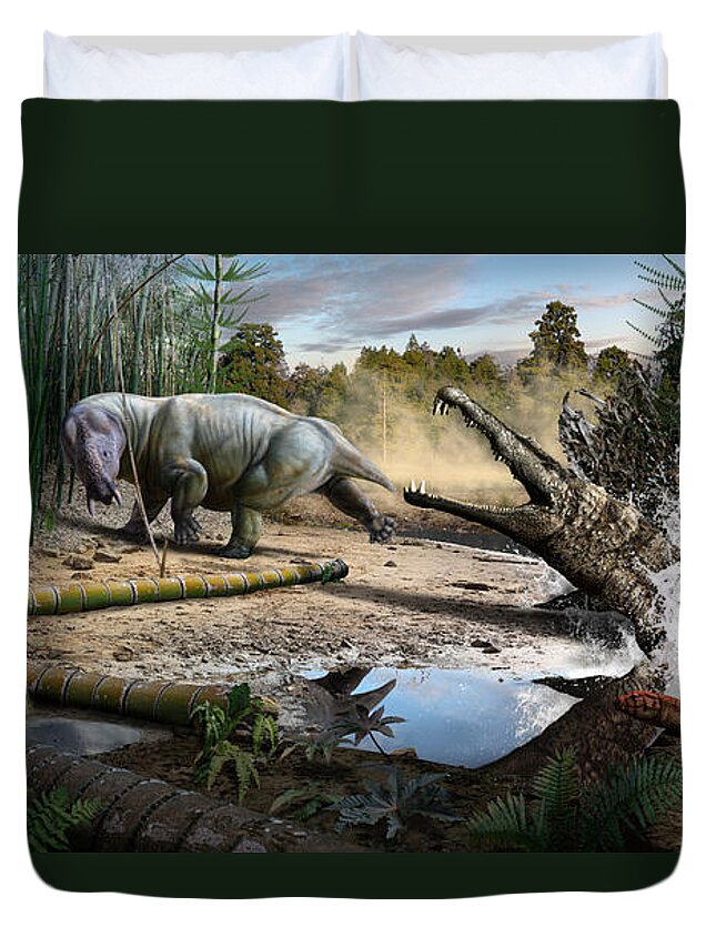 Dinosaur Duvet Cover featuring the digital art Triassic mural 1 by Julius Csotonyi