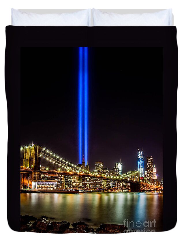 911 Duvet Cover featuring the photograph Tribute Lights from Brooklyn by Jerry Fornarotto