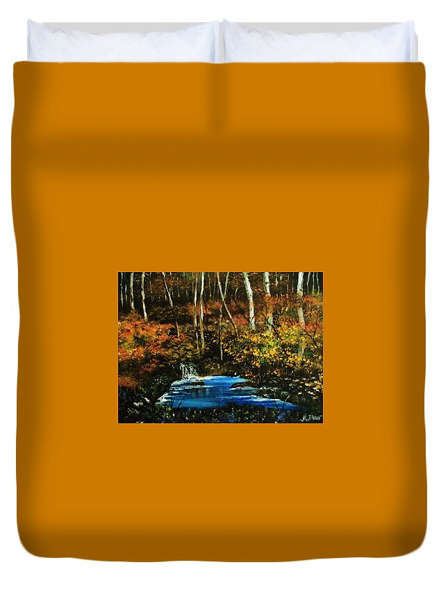 Landscapes Duvet Cover featuring the painting Autumn in the Deep Forest by Al Brown