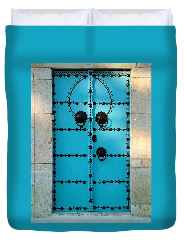 Sidi Bou Said Duvet Cover featuring the photograph Triple Knocker Door by Donna Corless
