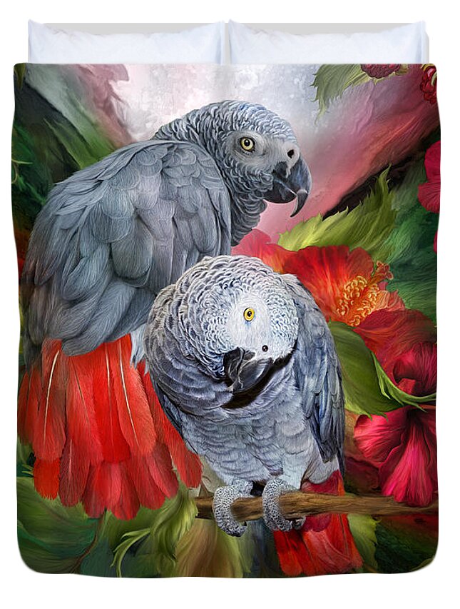 Parrot Duvet Cover featuring the mixed media Tropic Spirits - African Greys by Carol Cavalaris