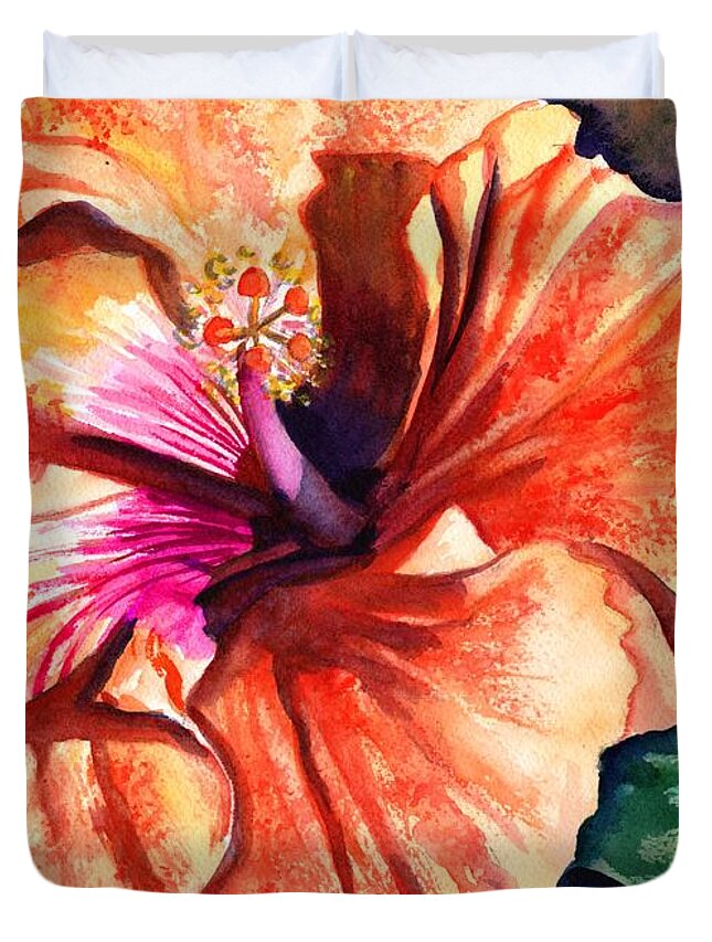 Orange Hibiscus Duvet Cover featuring the painting Tropical Hibiscus by Marionette Taboniar