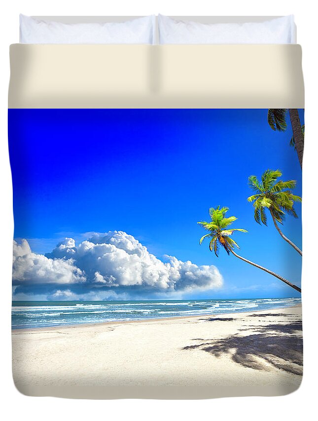 Water's Edge Duvet Cover featuring the photograph Tropical Sandy Beach With Coconut Trees by Apomares
