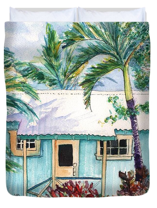 Kauai Cottage Duvet Cover featuring the painting Tropical Vacation Cottage by Marionette Taboniar