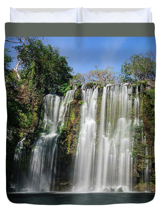 Tropical Rainforest Duvet Cover featuring the photograph Tropical Waterfall On A Sunny Day by Ogphoto