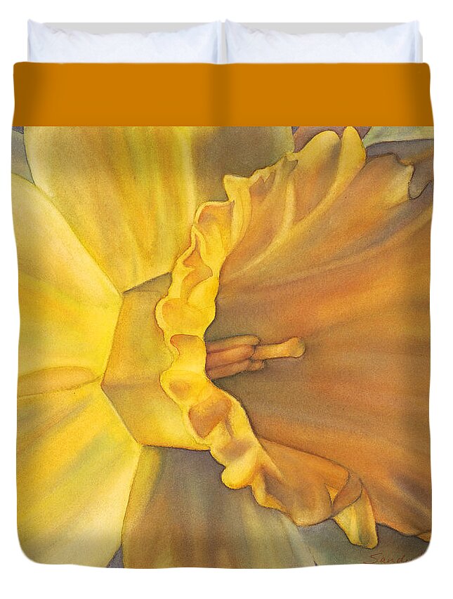 Daffodil Duvet Cover featuring the painting Trumpet of Spring by Sandy Haight