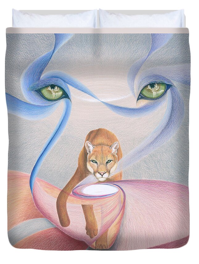 Cougar Duvet Cover featuring the drawing Trusting Cougar Elk Reciprocity by Robin Aisha Landsong
