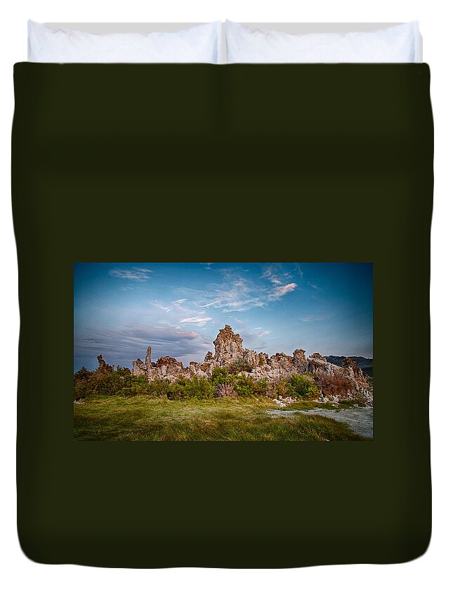 Sky Duvet Cover featuring the photograph Tufa and Clouds by Cat Connor