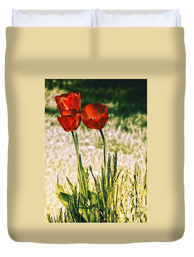 Red Duvet Cover featuring the photograph Tulip Trio by Sharon Woerner
