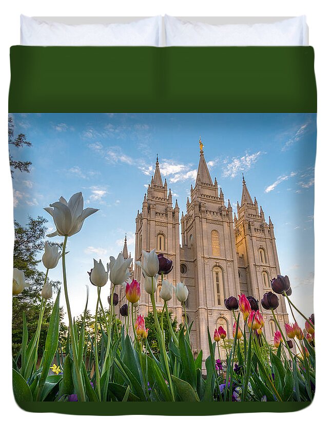 Utah Duvet Cover featuring the photograph Tulips at the Temple by Dustin LeFevre