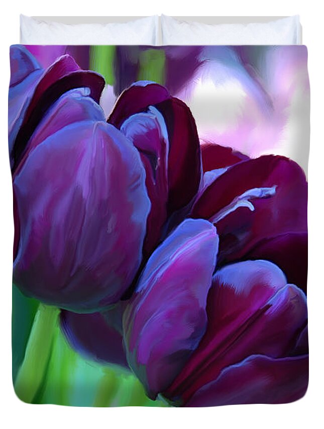 Tulips Duvet Cover featuring the painting Tulips-dark-purple by Tim Gilliland