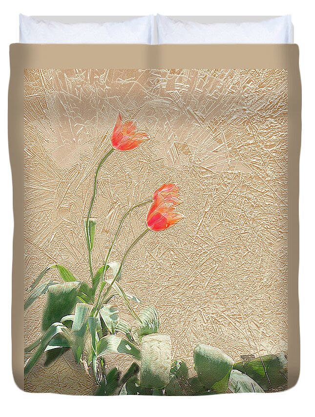 Garden Duvet Cover featuring the mixed media Tulips In Gold Leaf by Steve Karol