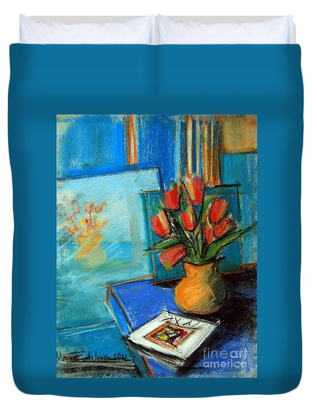 Tulips In The Mirror Duvet Cover featuring the painting Tulips In The Mirror by Mona Edulesco
