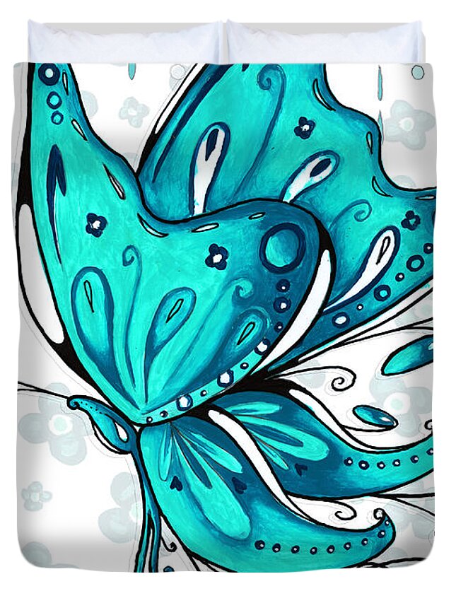 Butterfly Duvet Cover featuring the painting Turquoise Aqua Butterfly and Flowers Inspirational Painting Design Megan Duncanson Live Beautifully by Megan Duncanson