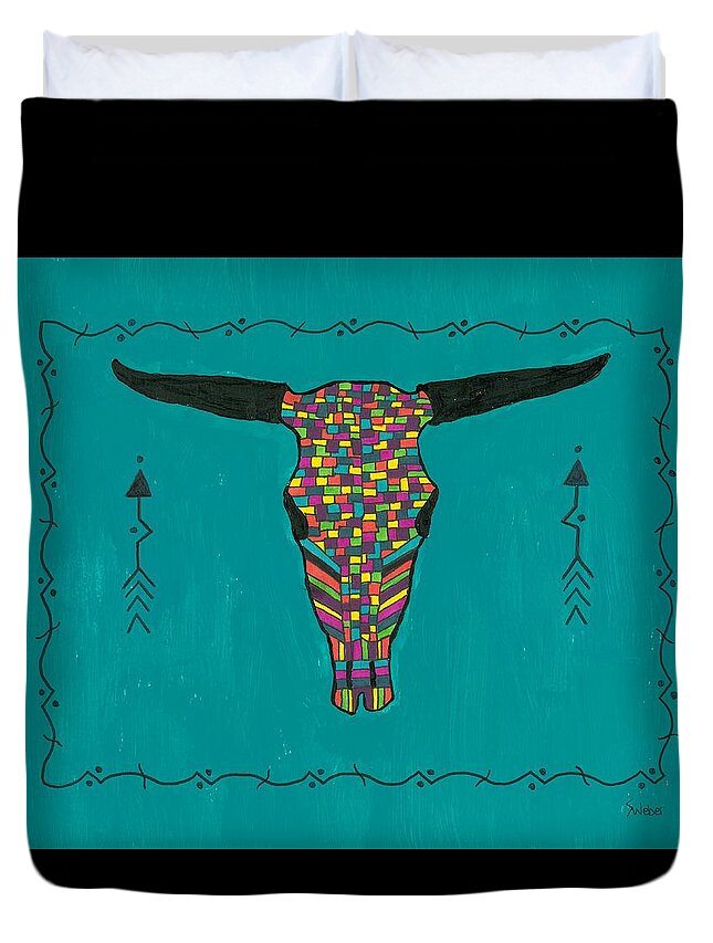 Longhorn Duvet Cover featuring the painting Turquoise Longhorn Skull by Susie Weber
