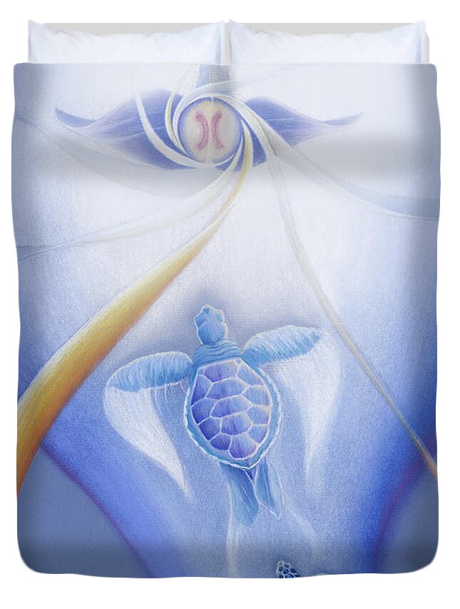 Turtles Duvet Cover featuring the drawing Turtles Ascending by Robin Aisha Landsong