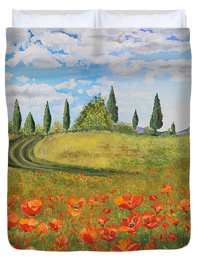 Painting Duvet Cover featuring the painting Tuscan Poppies-JP1968 by Jean Plout