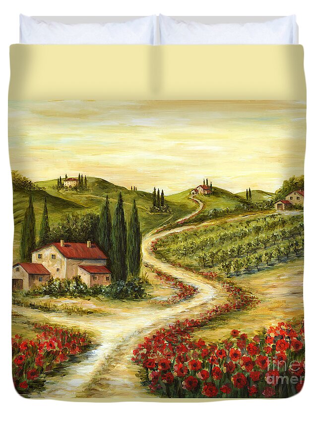 #faatoppicks Duvet Cover featuring the painting Tuscan road With Poppies by Marilyn Dunlap