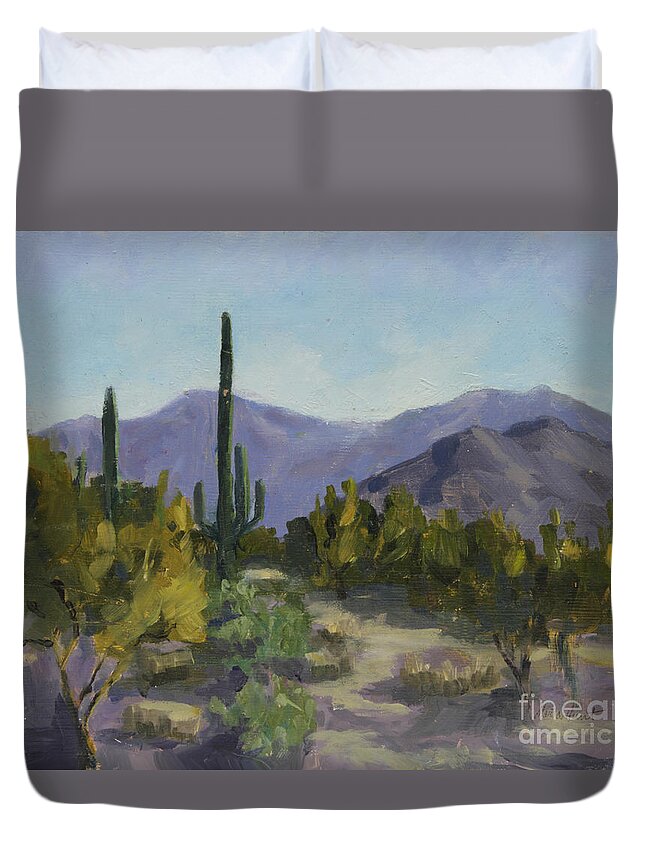 Saguaro Duvet Cover featuring the painting The Serene Desert by Maria Hunt