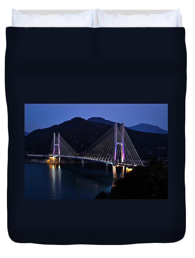 Tranquility Duvet Cover featuring the photograph Twilight Bridge by Amaya Williams