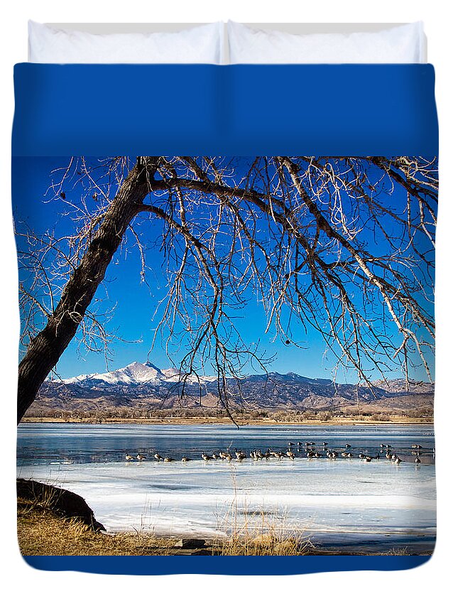 Longs Peak Duvet Cover featuring the photograph Twin Peaks Blue by James BO Insogna
