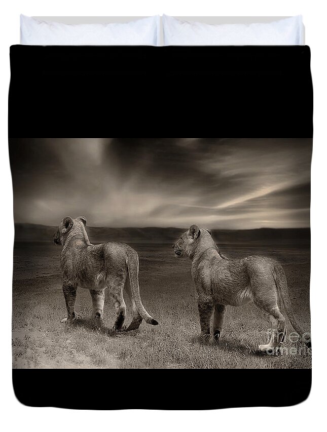 Lion Duvet Cover featuring the photograph Twins 2 by Christine Sponchia
