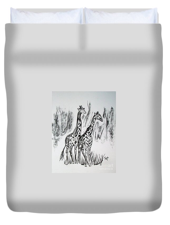 Africa Duvet Cover featuring the drawing Two Giraffe's in Graphite by Janice Pariza